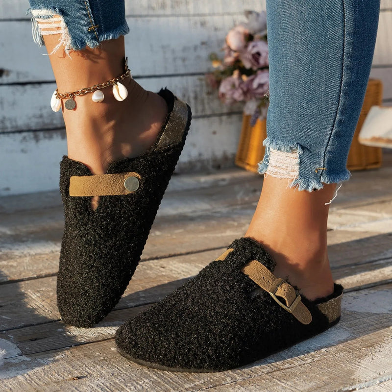 Women Slippers Mules Fur Women Shoes Winter New Buckle Flats Platform Walking Plush Ladies Slides Casual Warm Indoor Boots Women