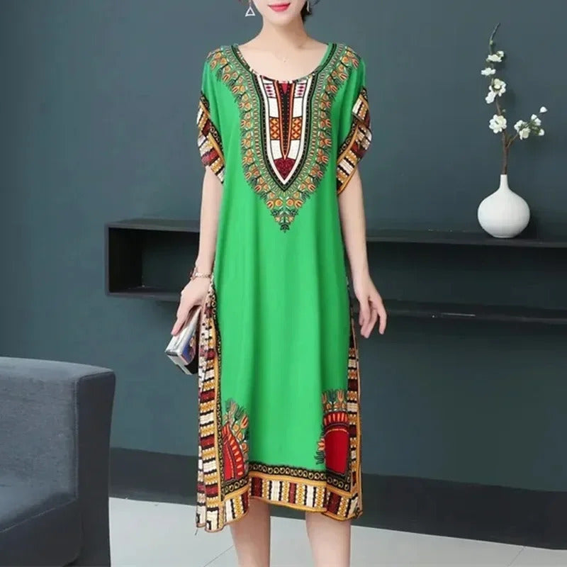 Bohemian National Style Leisure Holiday Beach Printed Poker Indonesia Floral O-neck Loose Midi Dress Pajamas Loungewear Woman