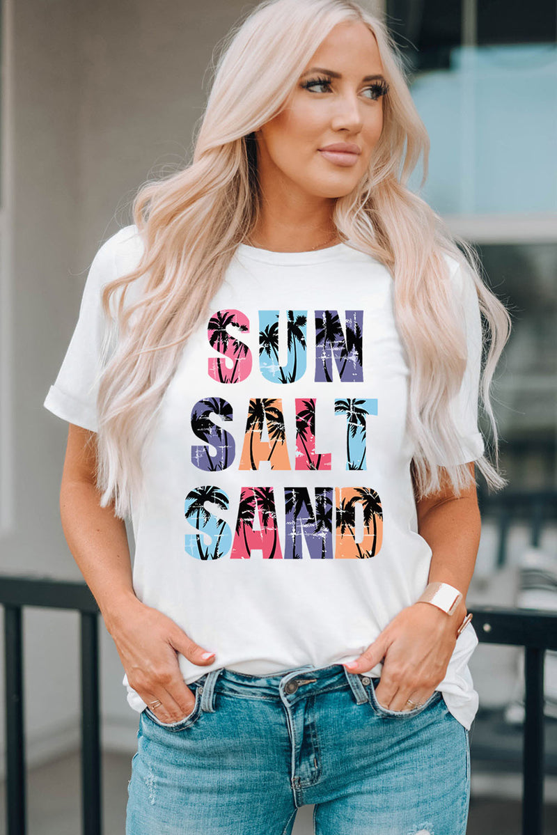 White Coconut Tree SUN SALT SAND Graphic Tee