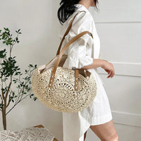 Summer Round Straw Women Vacation Woven Beach Shoulder Bag Large Capacity Hollow Out Simple Tote Bag