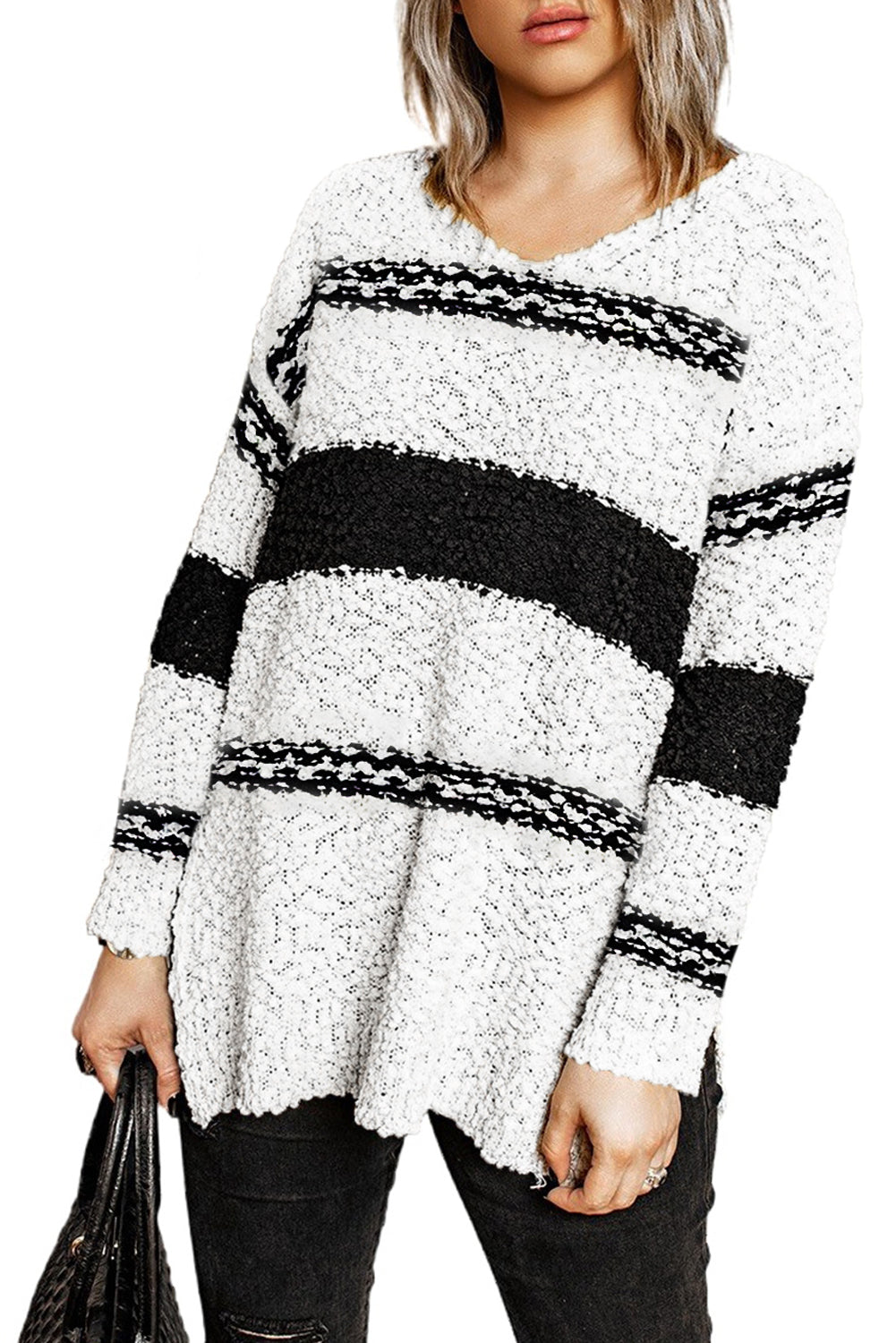 Striped Colorblock V Neck Long Sleeve Knitted Sweater