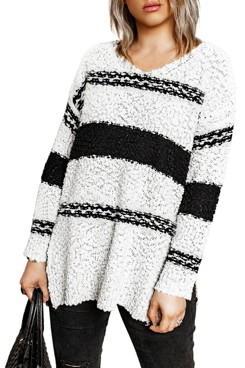 Striped Colorblock V Neck Long Sleeve Knitted Sweater