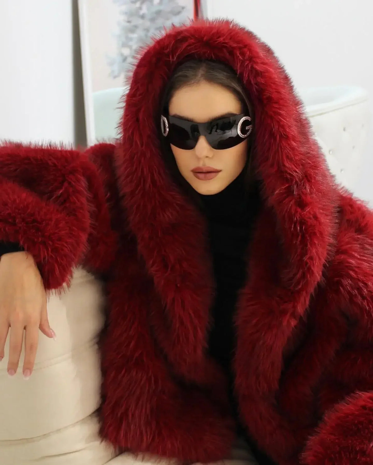 Women Fashion Turn-down Collar Winter Warm Jacket 2025 Christmas Red Hooded Fluffy Faux Fur Coats Casual High Street Outerwear