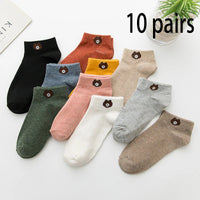 10 Pairs Women Low Tube Socks Set Cute Bear Pattern Fashion Breathable For Female Casual Style Comfortable Socks