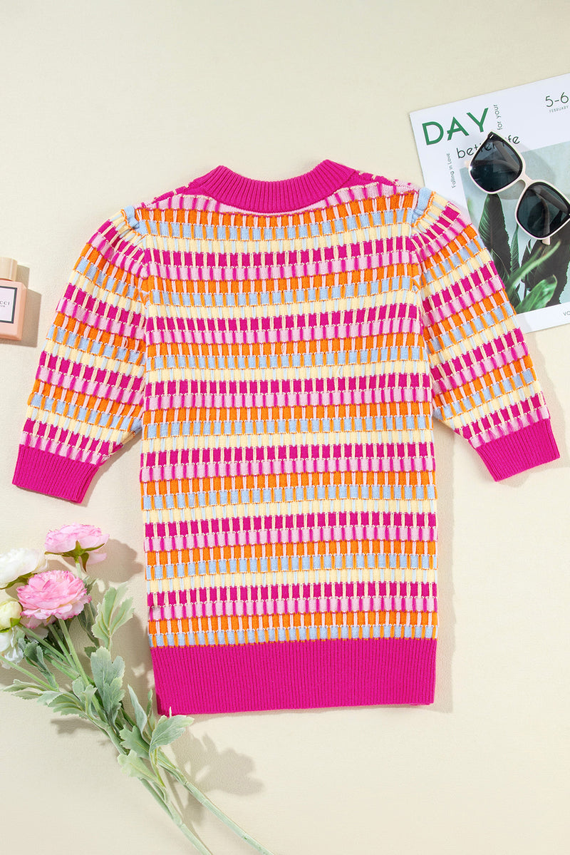 Red Striped Knitted Short Sleeve Sweater Top