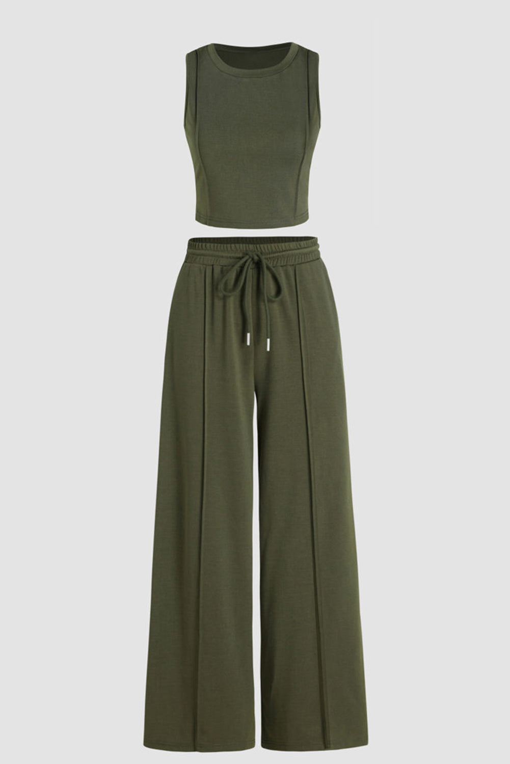 Jungle Green Solid Sleeveless Crop Top and Wide Leg Pants Set