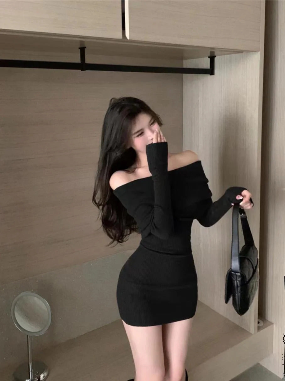 Sexy Dresses Women Backless Knitting Slim Y2k Girls Tender Korean Style Soft Casual Autumn Slash Neck Hotsweet Cozy New Clubwear