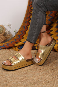 Gold Leathered Stud Dual Buckle Platform Slippers