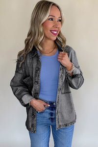 Medium Grey Mineral Wash Patched Pocket Split Denim Jacket