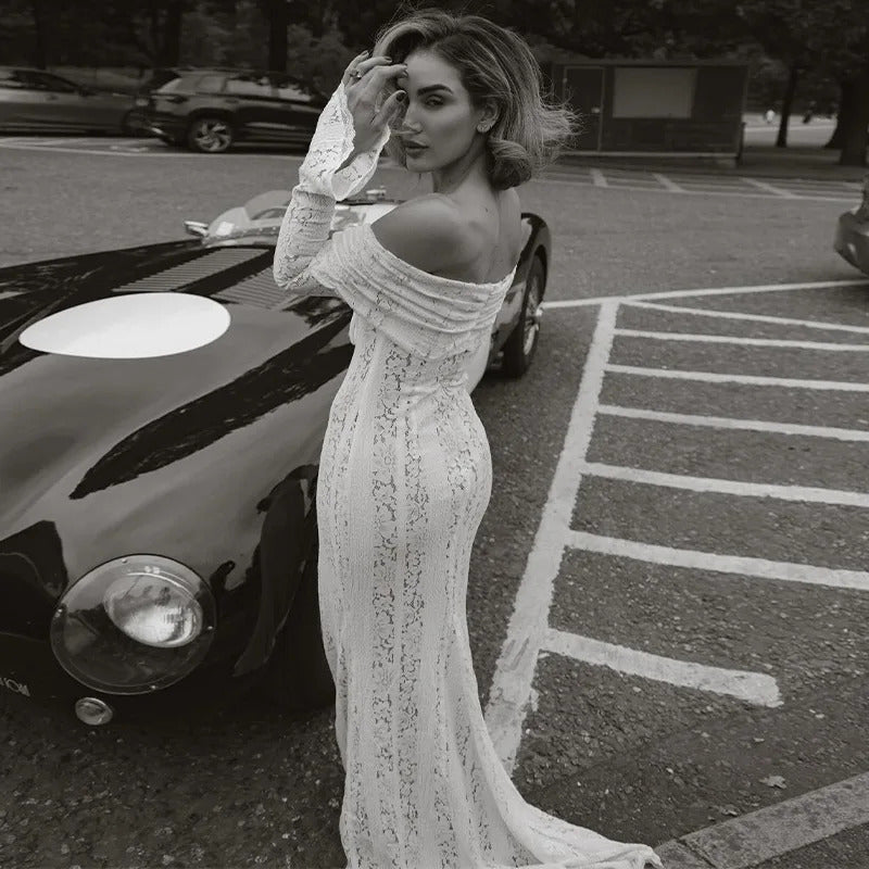 White Off Shoulder Lace Up Flare Long Sleeve Slim Maxi Dress Women Hollow Out Mermaid Floor Length Vestidos Female Elegant Robe