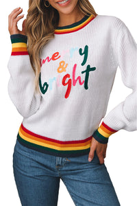 Black Glitter Merry & Bright Colorful Stripes Trim Sweater