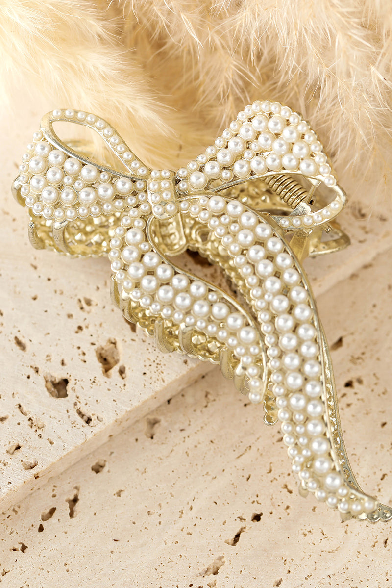 Gold Full Pearl Bow Knot Hair Claw Clip