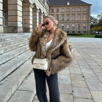 2025 Women Chic Brown Oversized Full Sleeve Plush Furry Jacket Winter Luxury Lapel Thicken Fluffy Fur Coat Lady High Streetwear