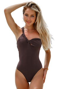 Brown Twist Cutout Asymmetric One Piece Swimsuit