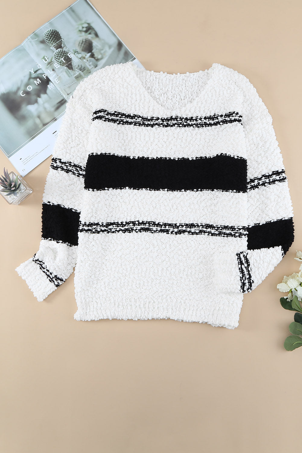 Striped Colorblock V Neck Long Sleeve Knitted Sweater