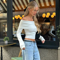 WhereMery Elegant Slash-neck Ribbed Solid Crop Tops Autumn Skinny Off Shoulder Long Sleeve T Shirt French Gentle Tight T-shirts