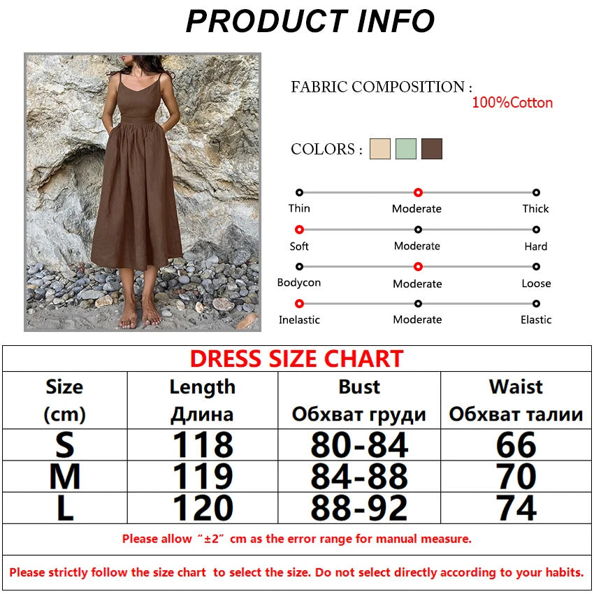 Bclout Fashion Brown Linen Long Dress Women 2024 Elegant Lace-Up Pockets A-Line Dresses Summer Sexy Backless Party Pleated Dress