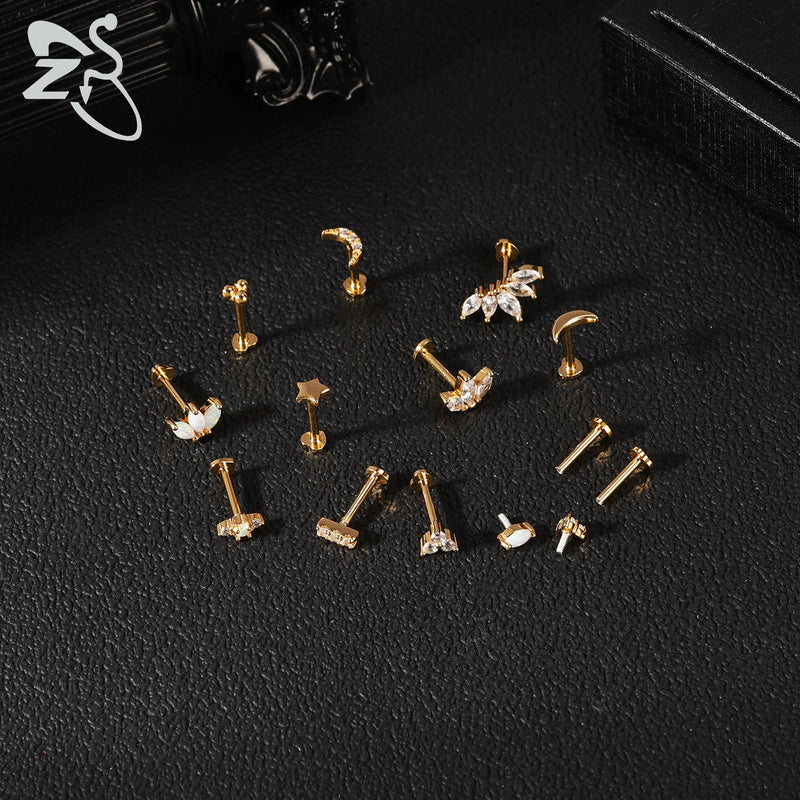 ZS 1PC 925 Sterling Silver Lip Ring Gold Color Labret Lip Stud Snake Cross Star Lip Piercing for Women Men 16G Cartilage Earring