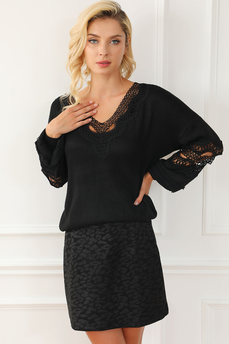 Black Hollowed Lace Splicing V Neck Loose Sweater