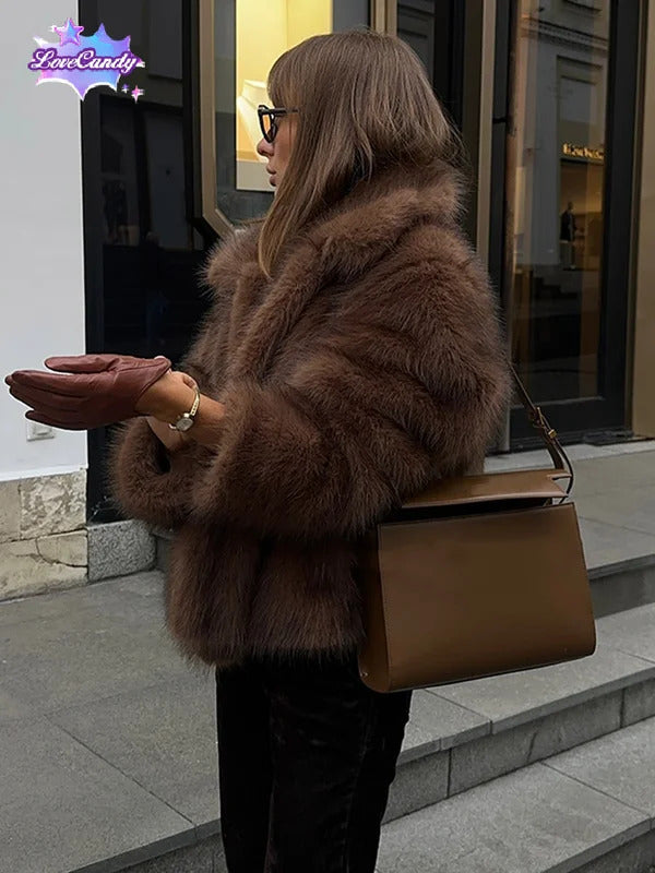 Luxury Solid Warm Faux Fur Jacket For Women Warm Lapel Fluffy Plush Long Sleeve Coat 2025 Winter New Lady Commuting Outerwear