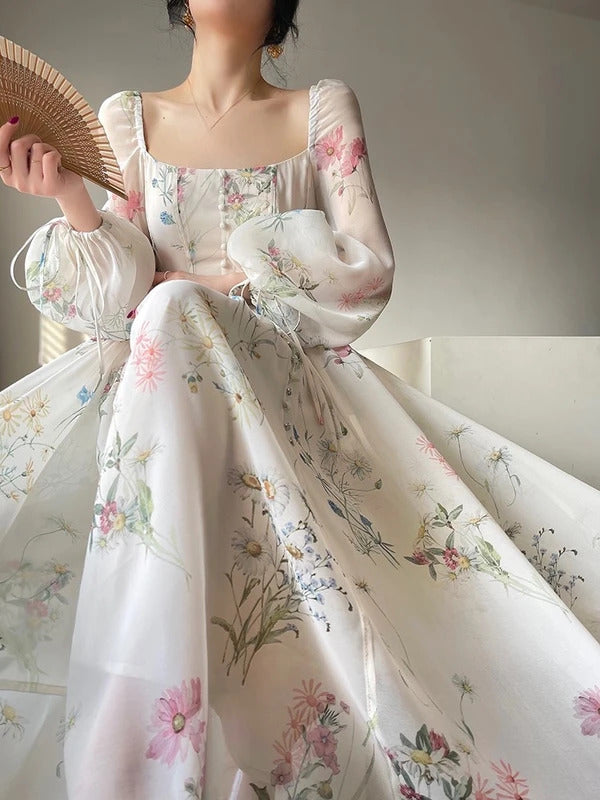 French Vinatge Evening Party Long Dresses for Women Floral A-line Princess Dress Lantern Sleeve Spring Summer Prom Robe Vestidos