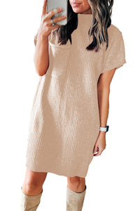 Oatmeal Patch Pocket Ribbed Knit Short Sleeve Sweater Dress