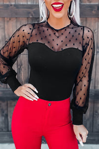 Polka Dot Mesh Splicing Long Sleeve Bodysuit