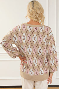 Multicolour Rhombus Pattern Knit Sweater Cardigan