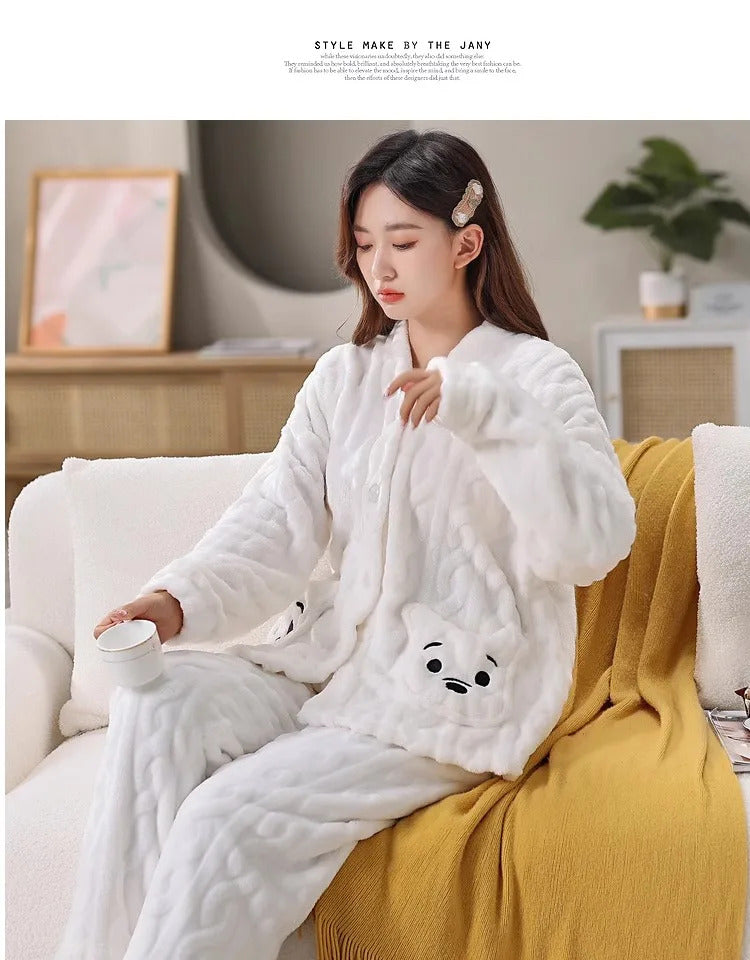 Thickened Warm Coral Velvet Pajamas Women's Autumn and Winter Padded Cartoon Bear Striped Flannel School Pajamas Winter Homewear