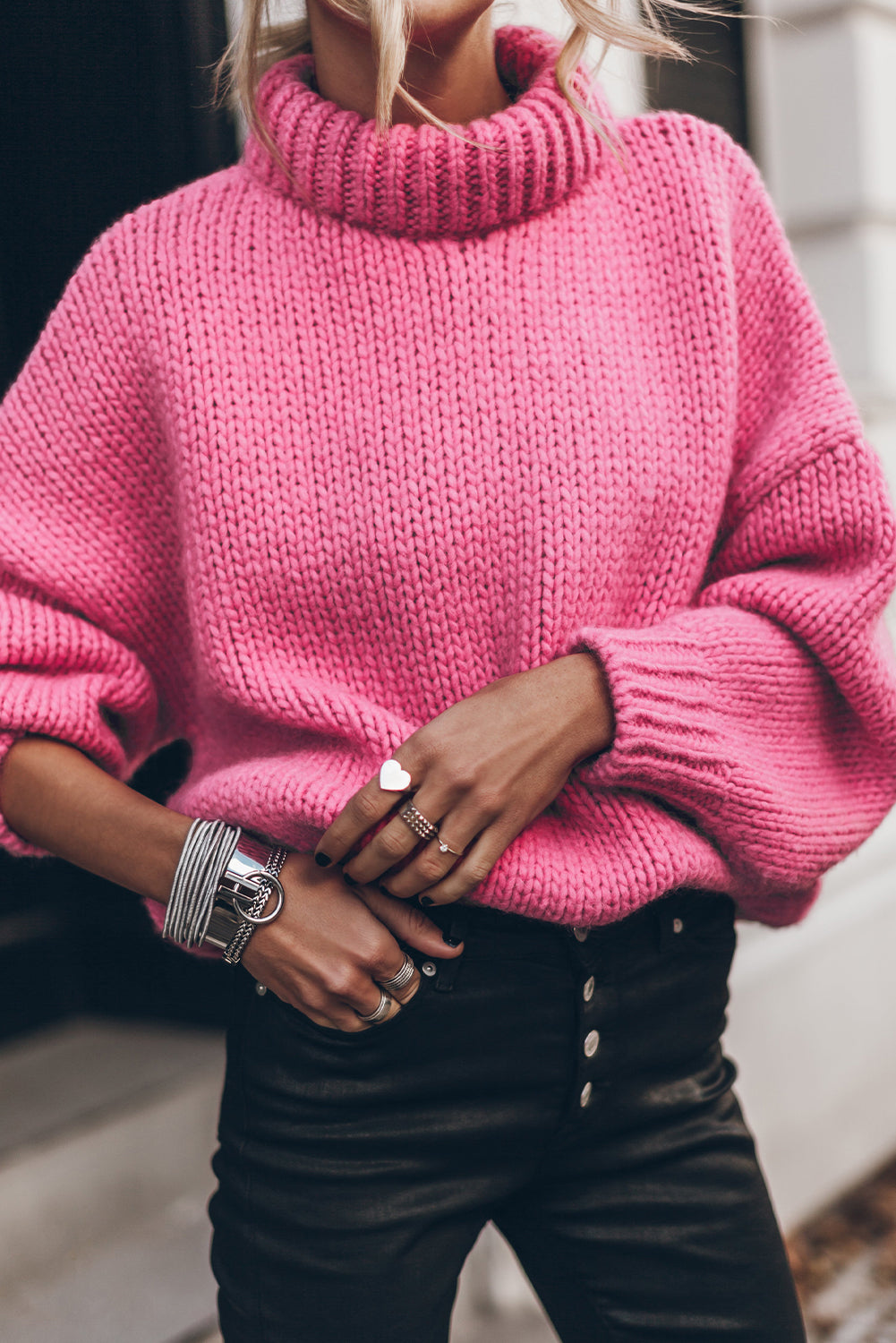 Light Grey Chunky Knit Turtle Neck Drop Shoulder Sweater