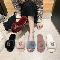 Female Home Cotton Slippers Women Autumn Winter Hairy Warm Footwear Fashion Letter Rhinestones Sandals Woman Casual Flat Shoes