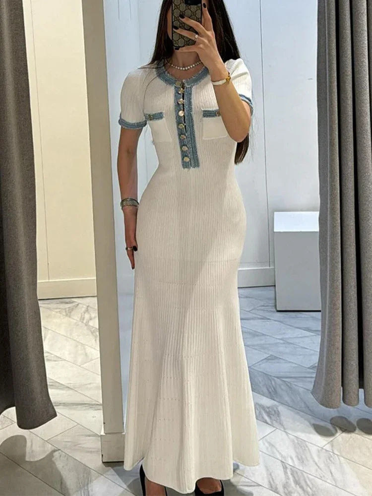 Women's Metal Single Breasted Knitted Maxi Dress V-neck Pleated Wrapped Hip Bodycon Dresses 2024 Elegant High Street White Robes