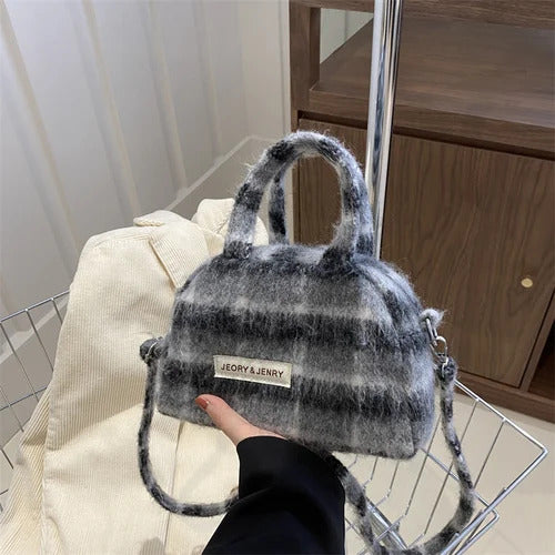 Fashion Retro Plush Plaid Women's Shoulder Bag Casual Retro Ladies Woolen Crossbody Bags Female Change Purse Tote Handbags