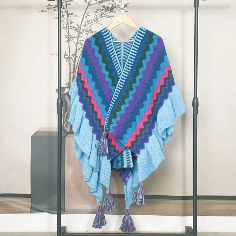 Women Ethnic Style Poncho Capes Ladies Fashion Stripe Colorful Knit Oversized Poncho Wrap Fringed Shawl Bohemian