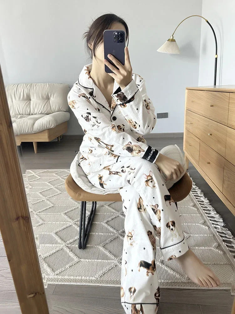 100% Cotton Pajamas for Women Loose Cartoon Long Sleeve Pants Loungewear Women 2 Piece Set Pj Women Outfit Sleepwear Set Pijamas