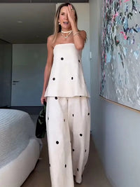 Women Chic Dot Print Wrapped Chest Strapless Tops Set Fashion Back Slit Zipper Top Wide Leg Pants Suit New Lady Holiday Outfit ﻿