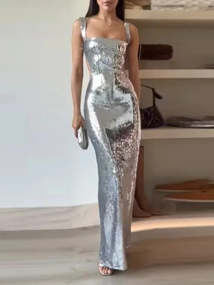 Sexy Sling Backless Silvery Maxi Dress For Women 2024 Fashion High Waist Bodycon Sleeveless Robes Female Evening Party Vestidos