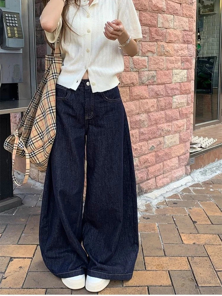 Women's Deep Blue Loose Wide Leg Jeans Street Cool Girl High Waist Baggy Pants Female Casual Straight Denim Trousers