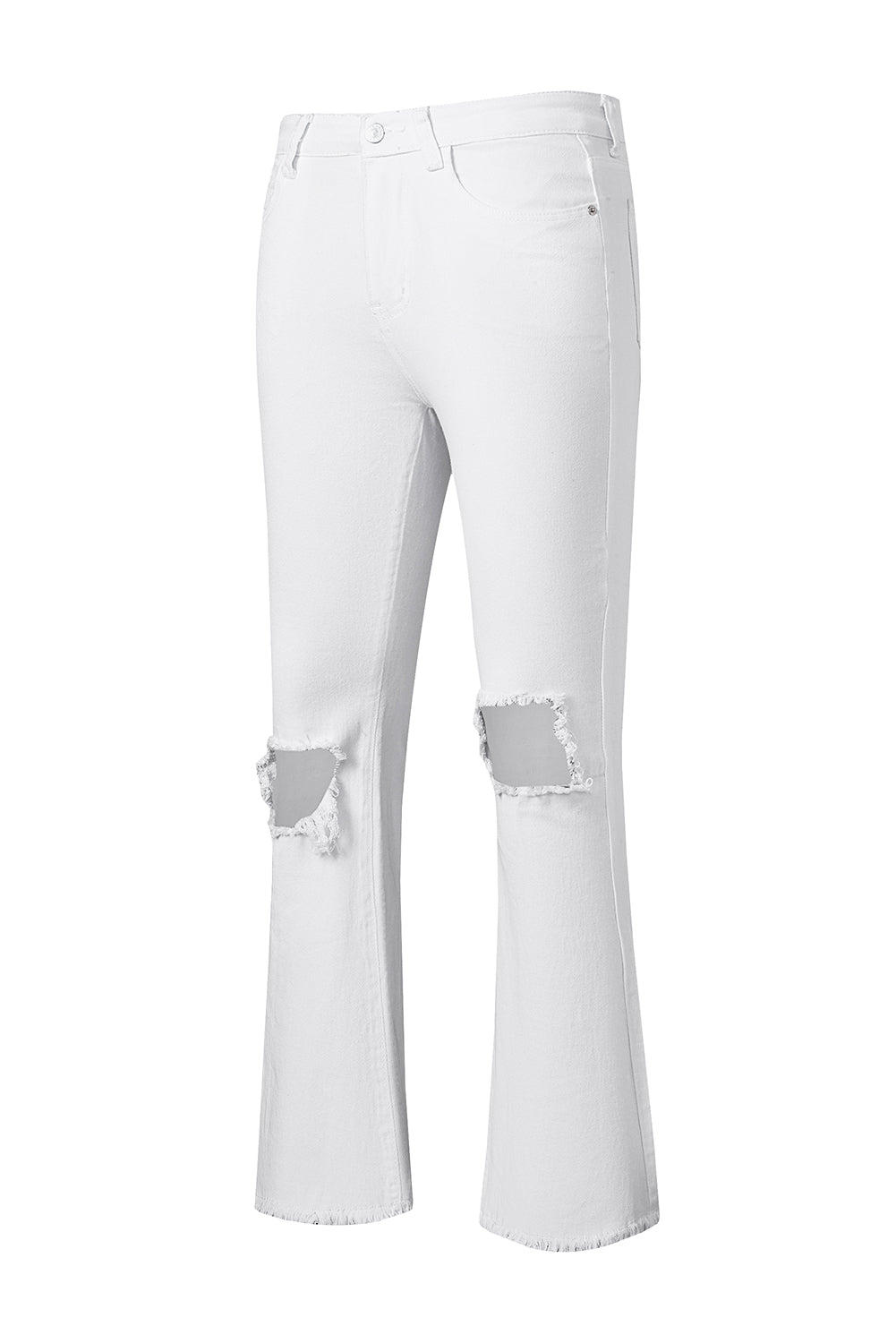 White Distressed Hollow-out Knee Frayed Flare Jeans