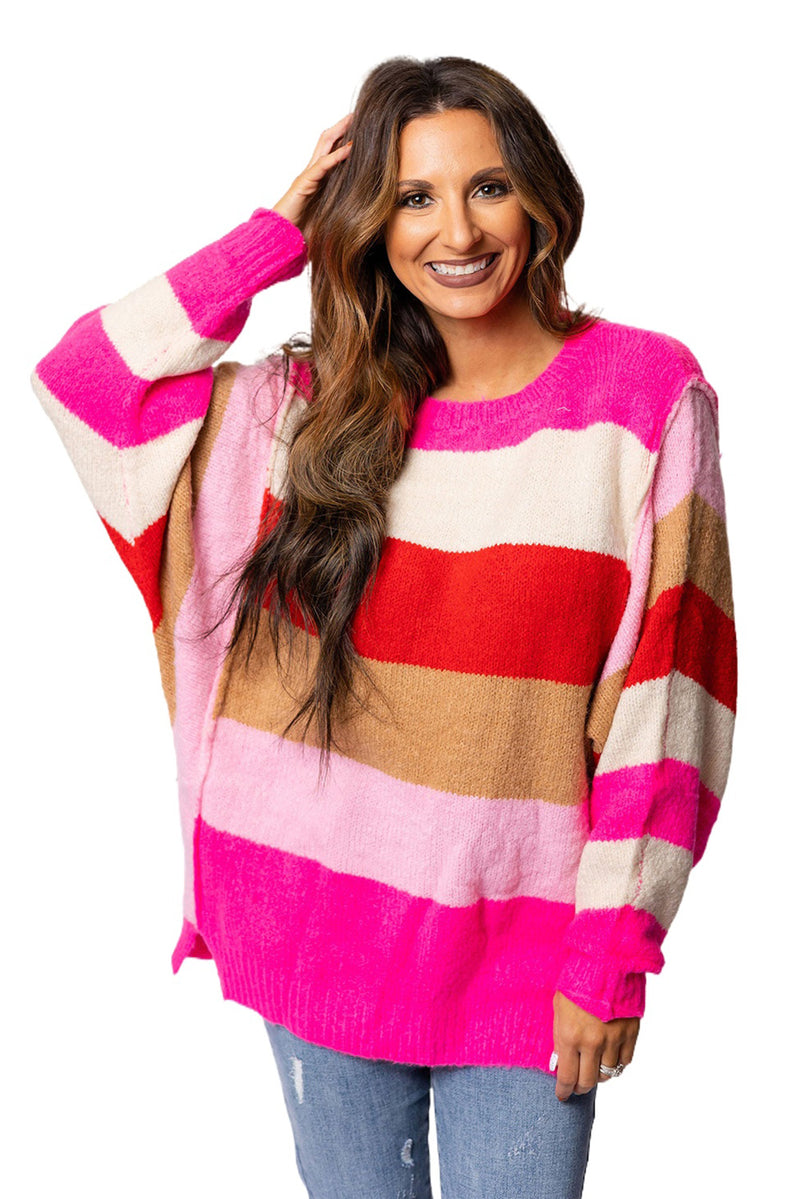 Fiery Red Mix Horizon Stripes Dolman Sleeve Sweater