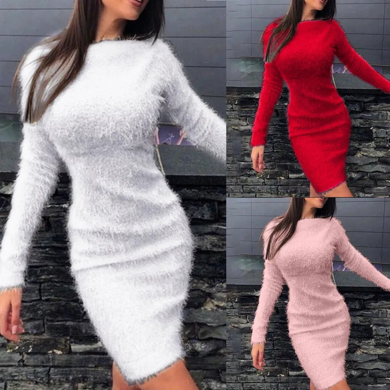 Women Slim Plush Dress Long Sleeve Wrap Pullovers Sweater Mini Dresses Female 2024 Autumn Winter Warm Vestidos Streetwear New