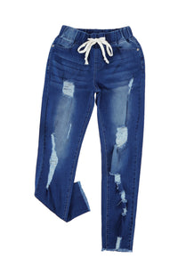 Blank Apparel - Blue Drawstring Elastic Waist Hole Ripped Jeans