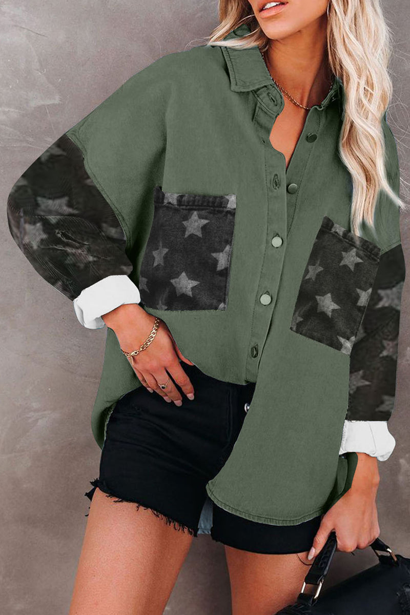 Green Star Print Patchwork Button-up Jacket