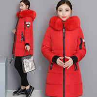 Women Winter Fur Collar Hooded Parka Fashion Letter Patch Zipper Pockets Design Long Jacket Elegant Slim Warm Thick Female Coats