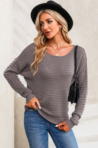 Brown Textured Knit Round Neck Dolman Sleeve Sweater