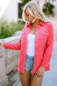 Pink Buttoned Flap Pocket Corduroy Jacket