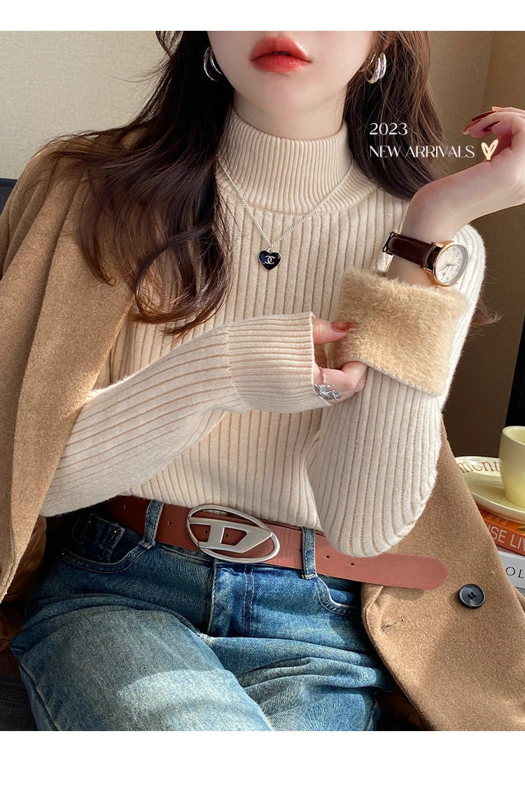 Women's Turtleneck Sweater Winter 2024 Retro Red with Velvet Lining Thickened Inner Wear Thermal Knitting Bottoming Shirt