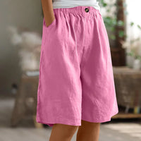 Women's Fashion Solid Color Pants Pocket Button Up Capris Loose Elastic Waist Cotton Linen Shorts