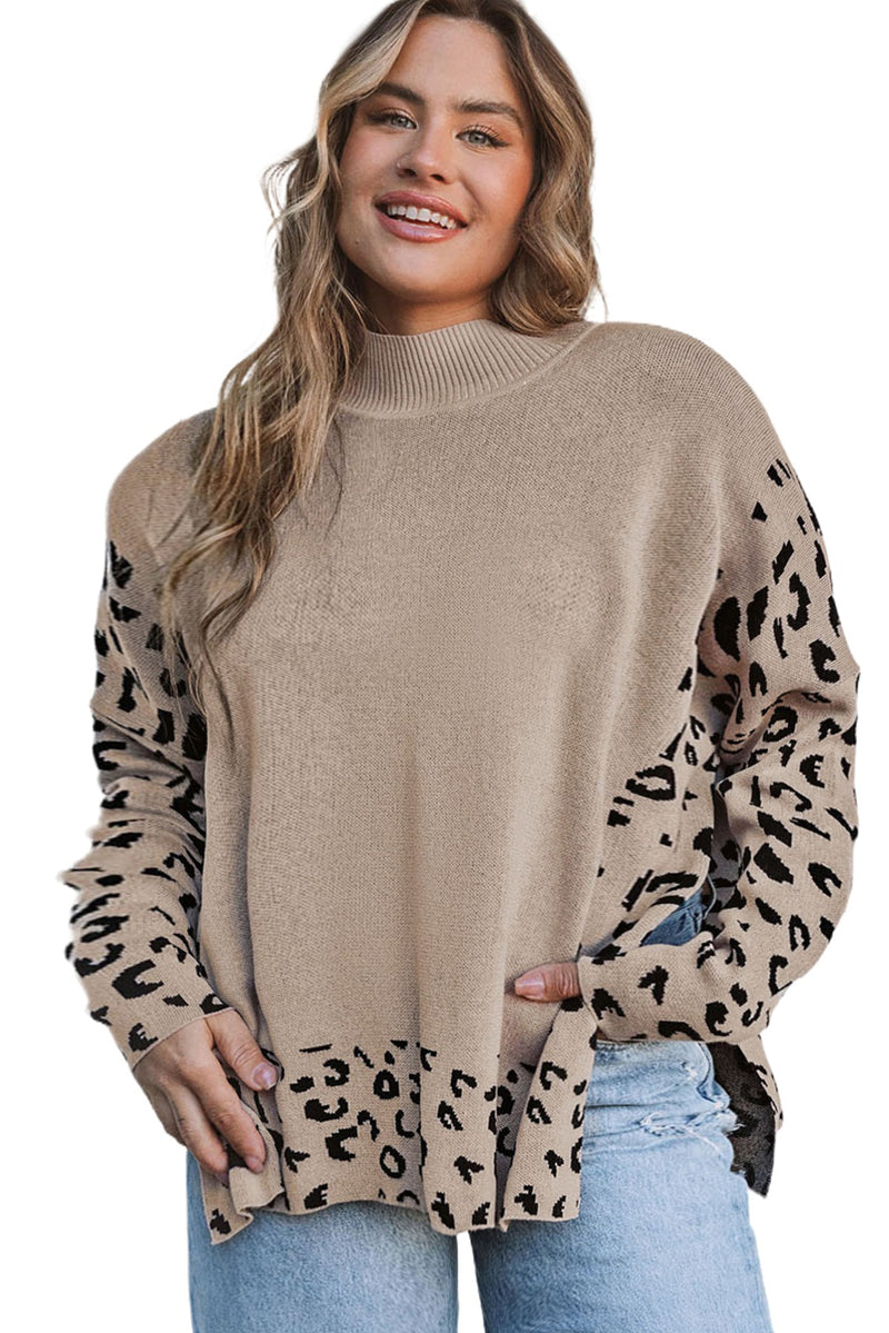 Khaki Plus Size Leopard Patchwork High Neck Sweater