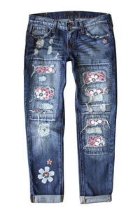 Sky Blue Floral Leopard Print Patchwork Distressed High Waist Jeans